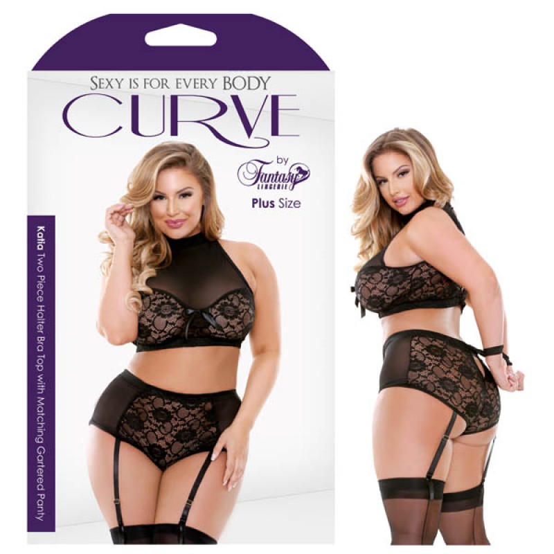 Fantasy Lingerie Curve Katia Two Piece Halter Bra Top with Matching Gartered Panty 3X/4X